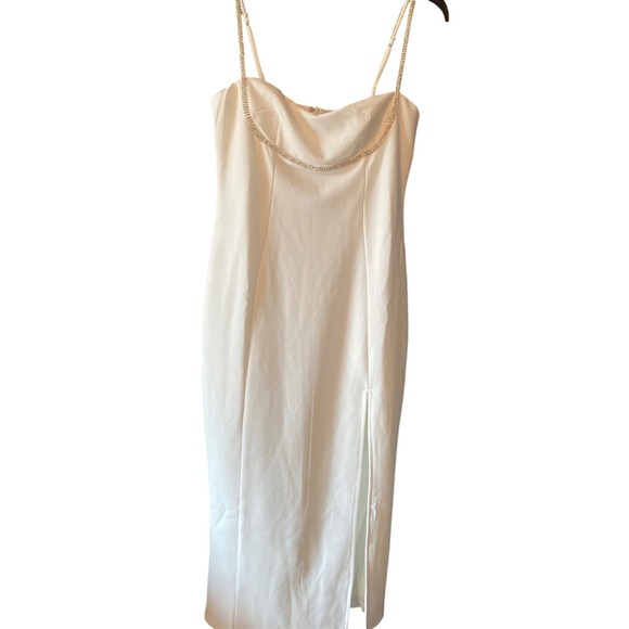 Lulus White Dress Bodycon Rhinestone Strap Sleeveless Slit Party Cocktail Size M - Picture 1 of 12